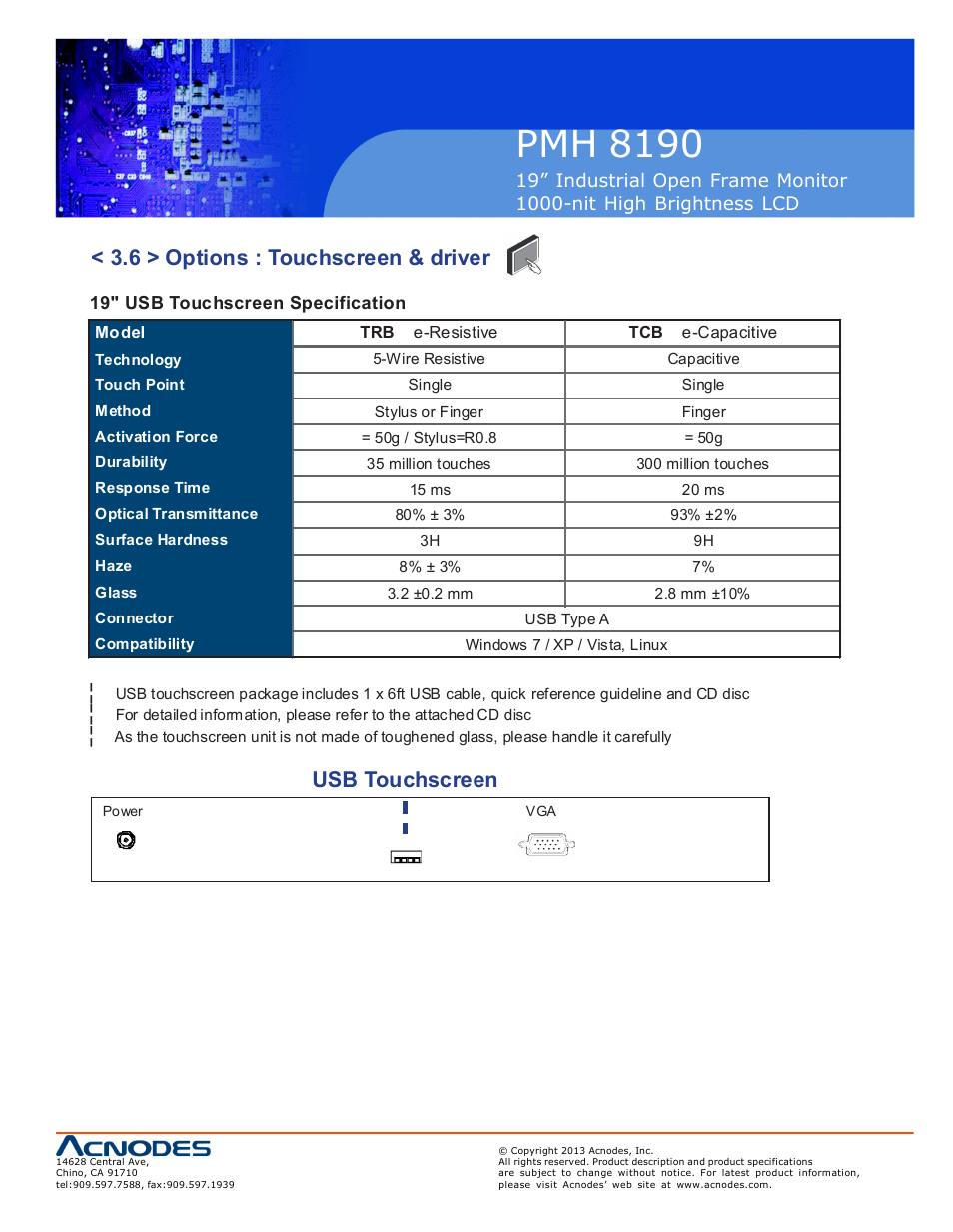 Pmh 81 90, 6 > options : touchscreen & driver, Usb touchscreen | Acnodes PMH 8190 User Manual | Page 17 / 23
