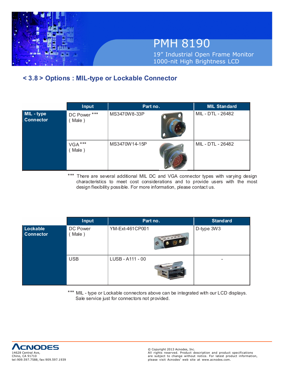 Pmh 81 90, 8 > options : mil-type or lockable connector | Acnodes PMH 8190 User Manual | Page 20 / 23