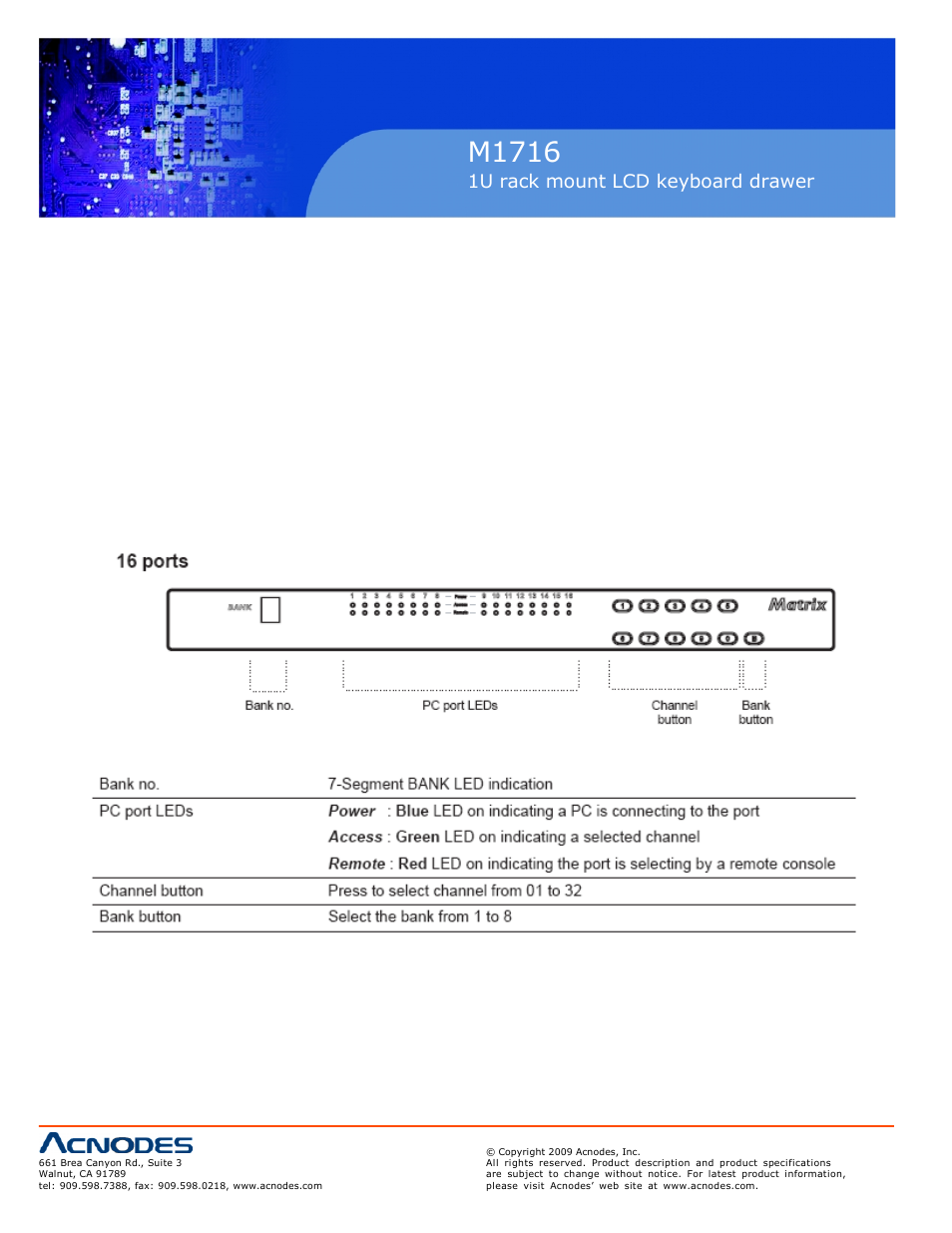 M1716, 1u rack mount lcd keyboard drawer, 7 front panel-port led indications 20 | Acnodes M 1716 User Manual | Page 22 / 28