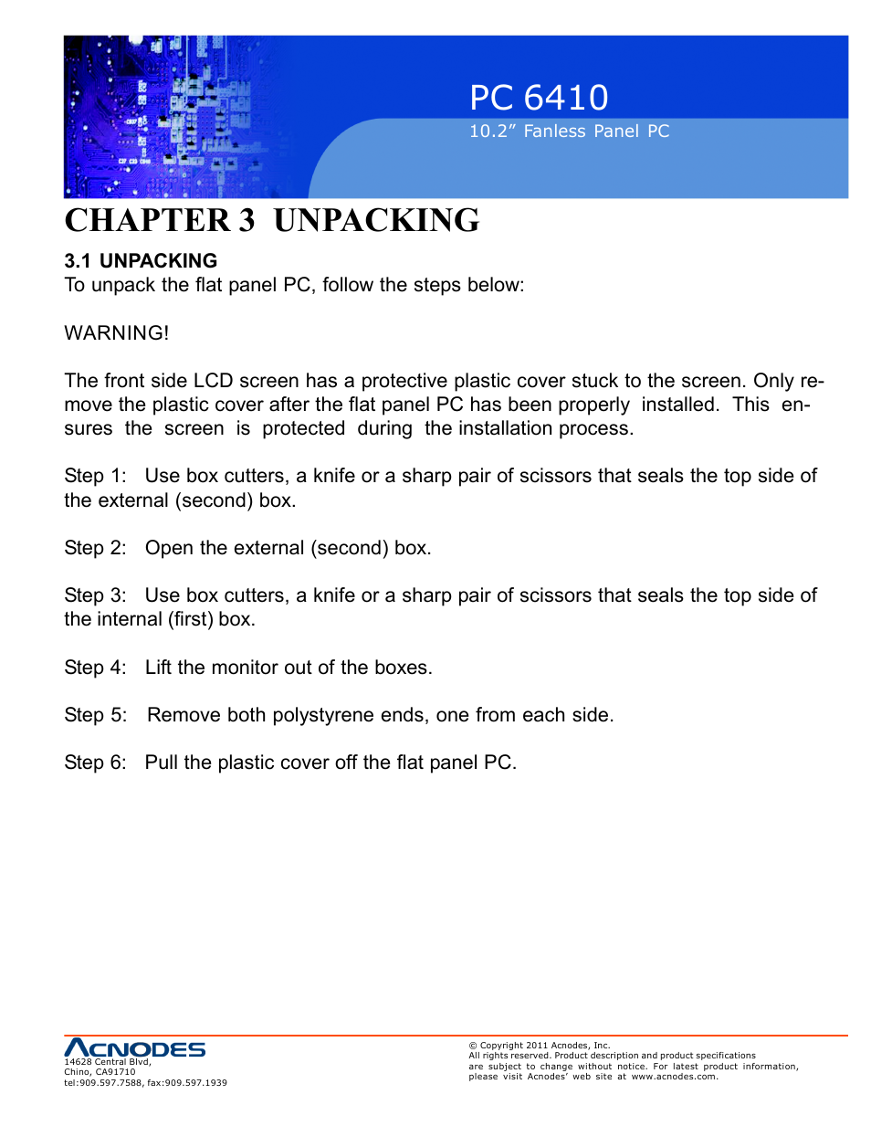 Pc 6410, Chapter 3 unpacking | Acnodes PC 6410 User Manual | Page 25 / 107