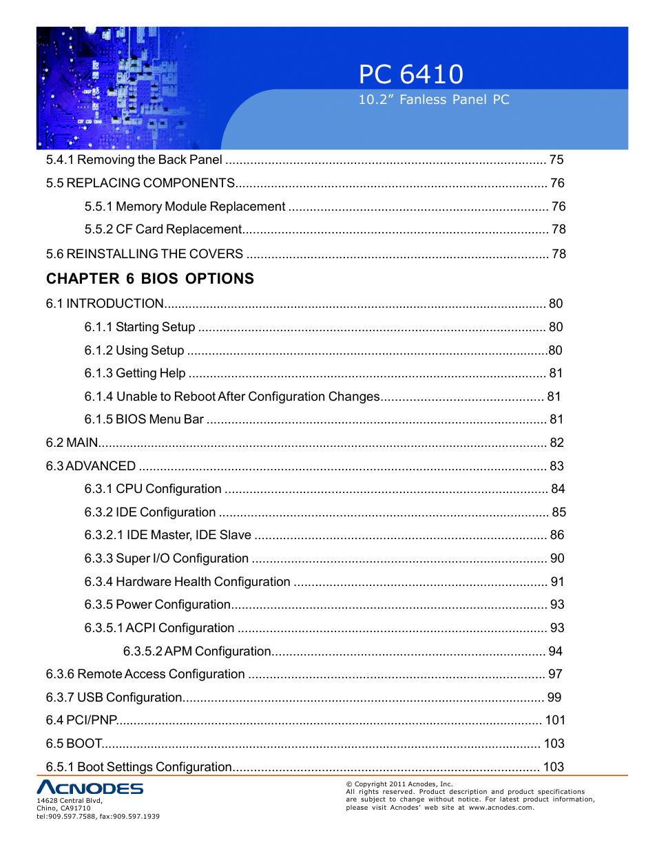 Pc 6410, Chapter 6 bios options | Acnodes PC 6410 User Manual | Page 6 / 107