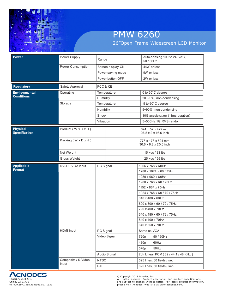 Pmw 6260, 26”open frame widescreen lcd monitor | Acnodes PMW 6260 User Manual | Page 10 / 20