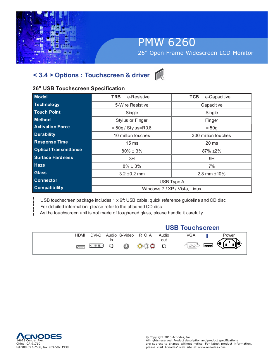 Pmw 6260, 4 > options : touchscreen & driver, Usb touchscreen | Acnodes PMW 6260 User Manual | Page 17 / 20