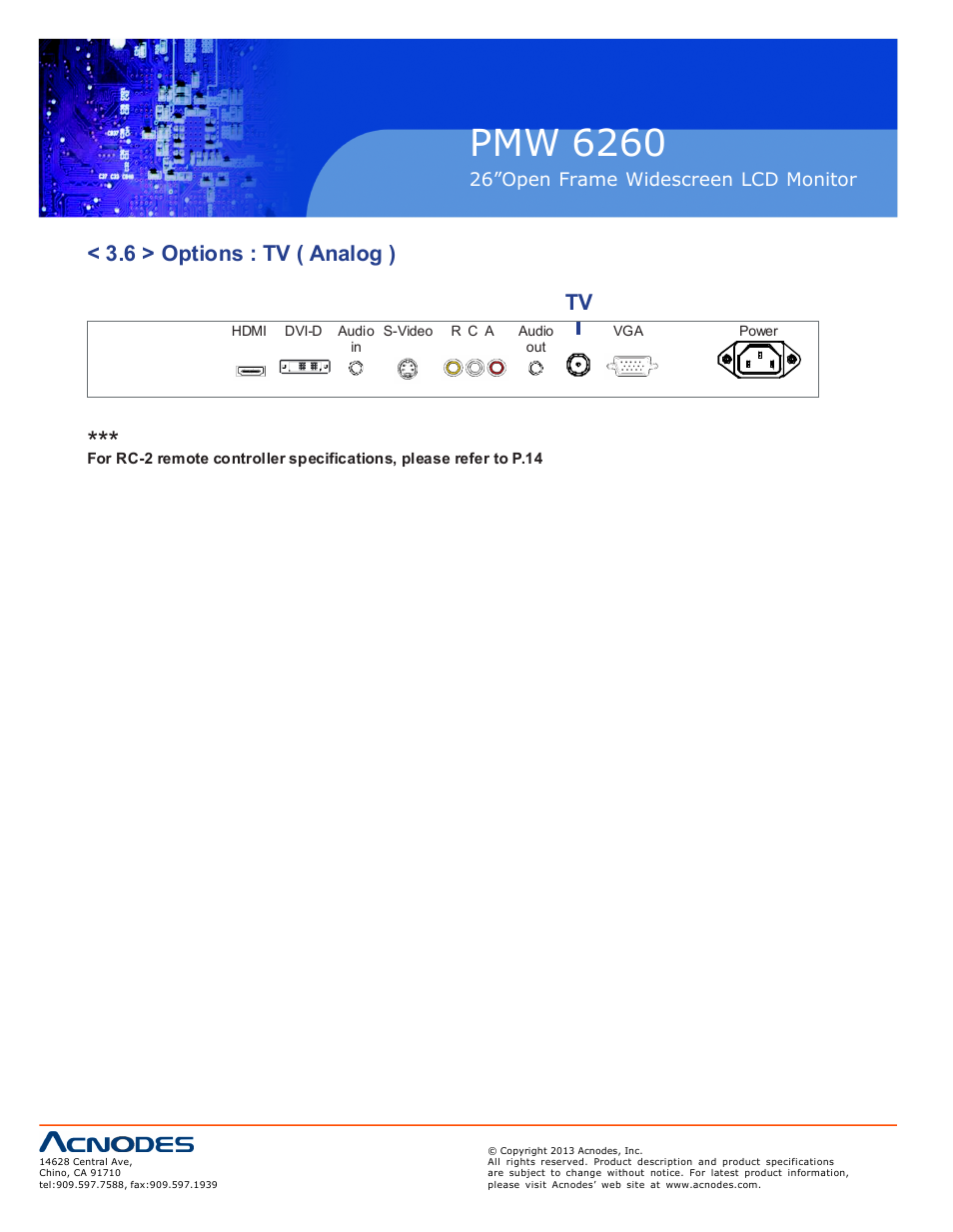 Pmw 6260, 6 > options : tv ( analog ) | Acnodes PMW 6260 User Manual | Page 20 / 20