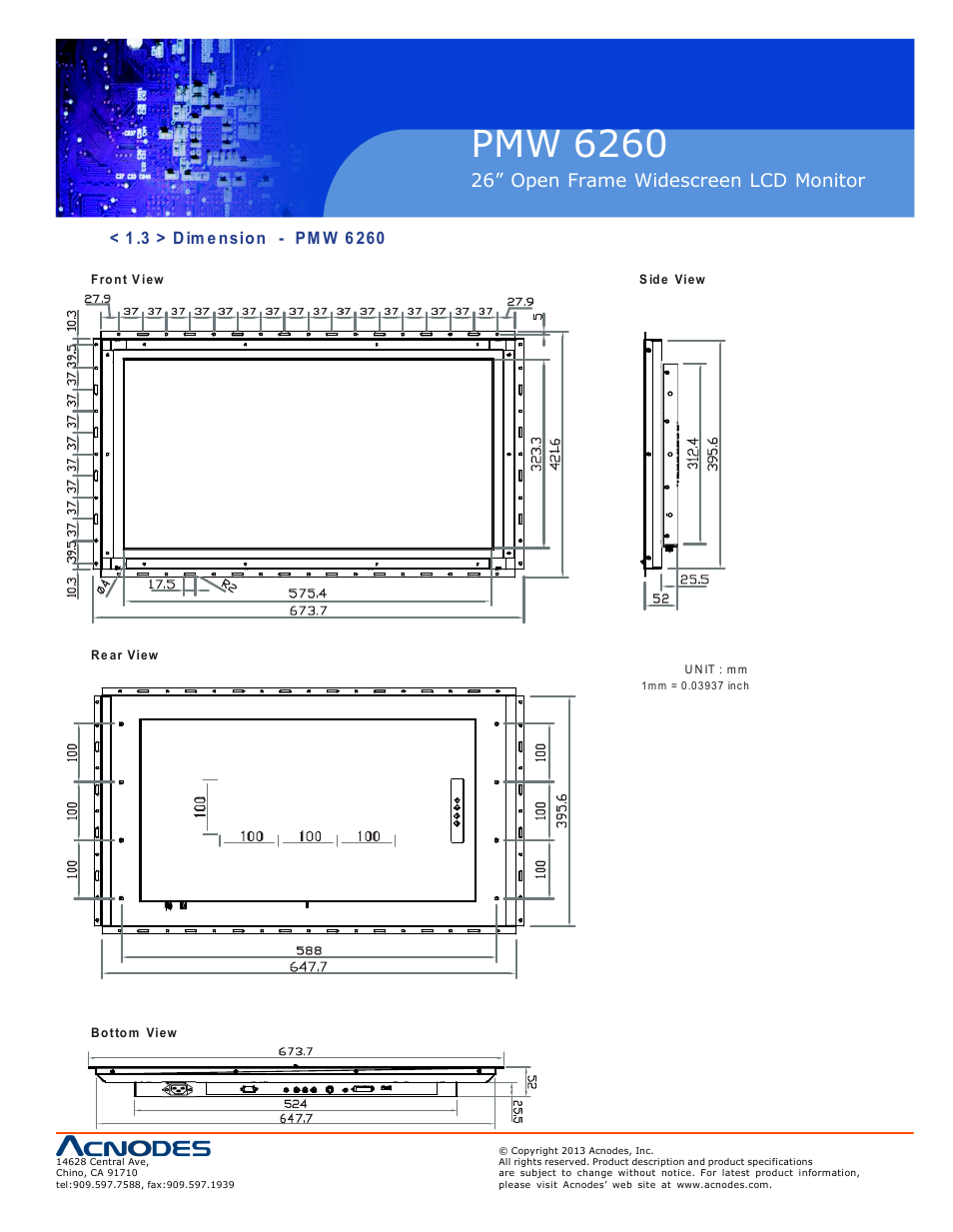 Pmw 6260, O p-w 26, 26” open frame widescreen lcd monitor | Acnodes PMW 6260 User Manual | Page 7 / 20
