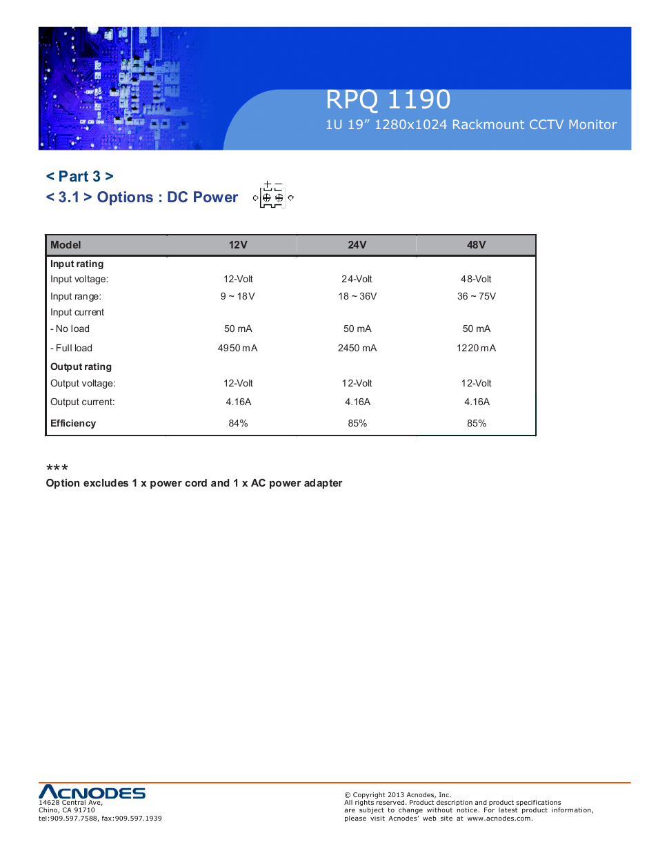 Rpq 1190, Part 3 > < 3.1 > options : dc power | Acnodes RPQ 1190 User Manual | Page 11 / 24