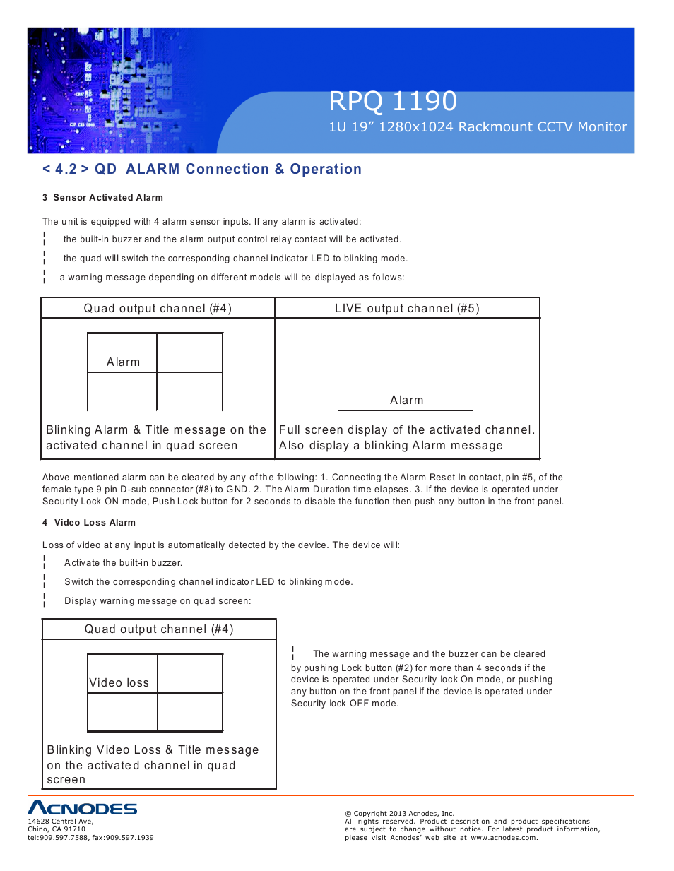 Rpq 1190, 2 > qd alarm connection & operation | Acnodes RPQ 1190 User Manual | Page 14 / 24