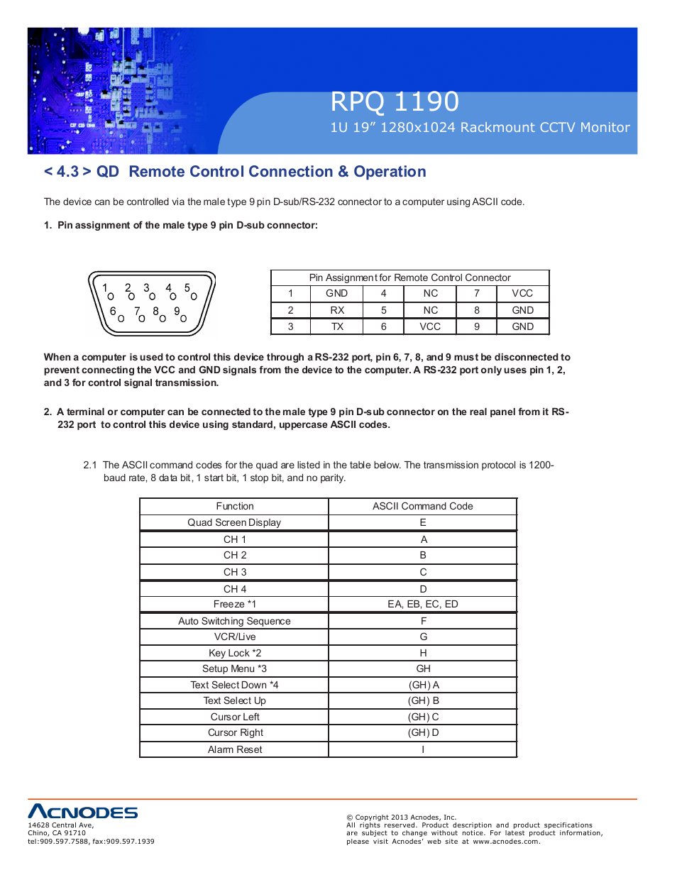 Rpq 1190, 3 > qd remote control connection & operation | Acnodes RPQ 1190 User Manual | Page 16 / 24