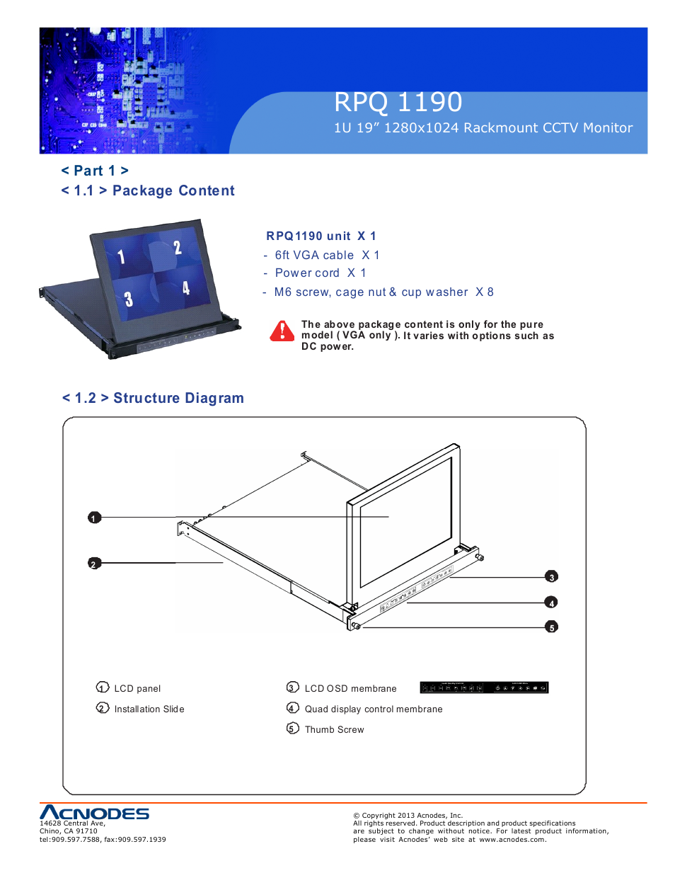 Rpq 1190, Part 1 > < 1.1 > package content, 2 > structure diagram | Acnodes RPQ 1190 User Manual | Page 5 / 24