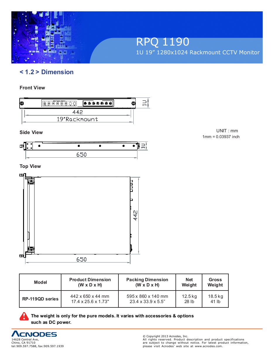 Rpq 1190, 2 > dimension | Acnodes RPQ 1190 User Manual | Page 6 / 24