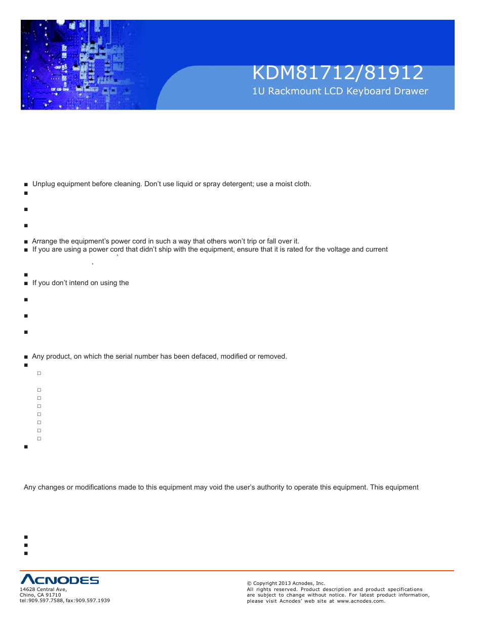 1u rackmount lcd keyboard drawer | Acnodes KDM 81912 User Manual | Page 2 / 20