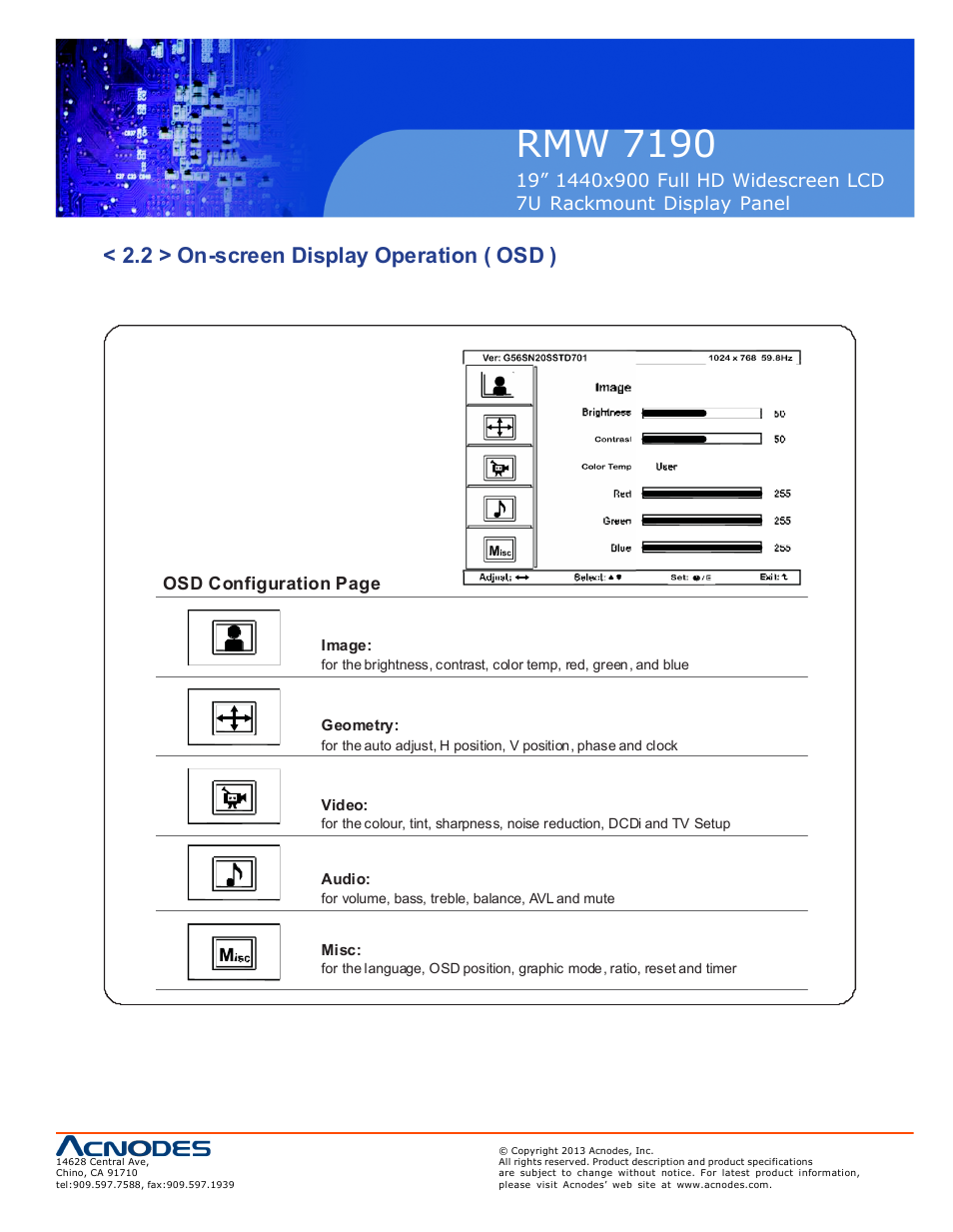 Rmw 71 90, 2 > on-screen display operation ( osd ), Osd configuration page | Acnodes RMW 7190 User Manual | Page 11 / 19