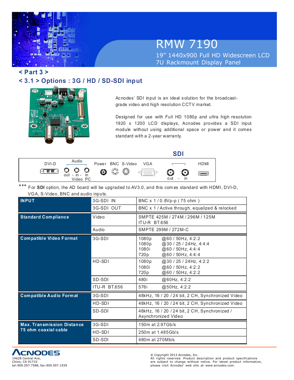 Rmw 71 90, Part 3 > < 3.1 > options : 3g / hd / sd-sdi input | Acnodes RMW 7190 User Manual | Page 12 / 19