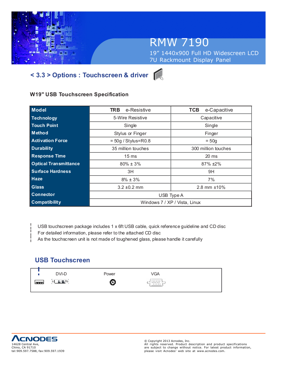 Rmw 71 90, 3 > options : touchscreen & driver, Usb touchscreen | Acnodes RMW 7190 User Manual | Page 16 / 19