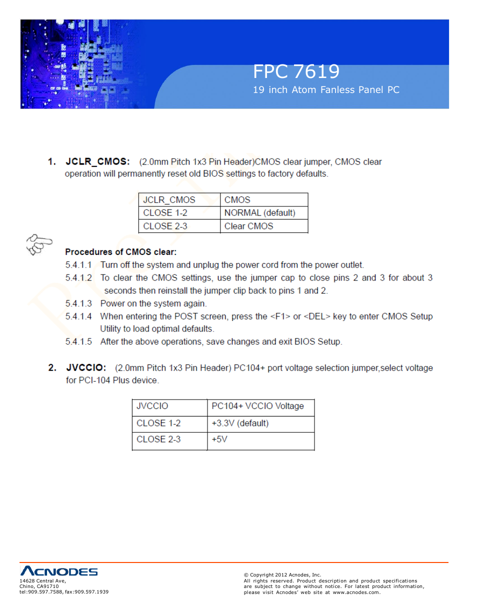Fpc 7619, 2 jumpers setting and connectors | Acnodes FPC 7619 User Manual | Page 18 / 88