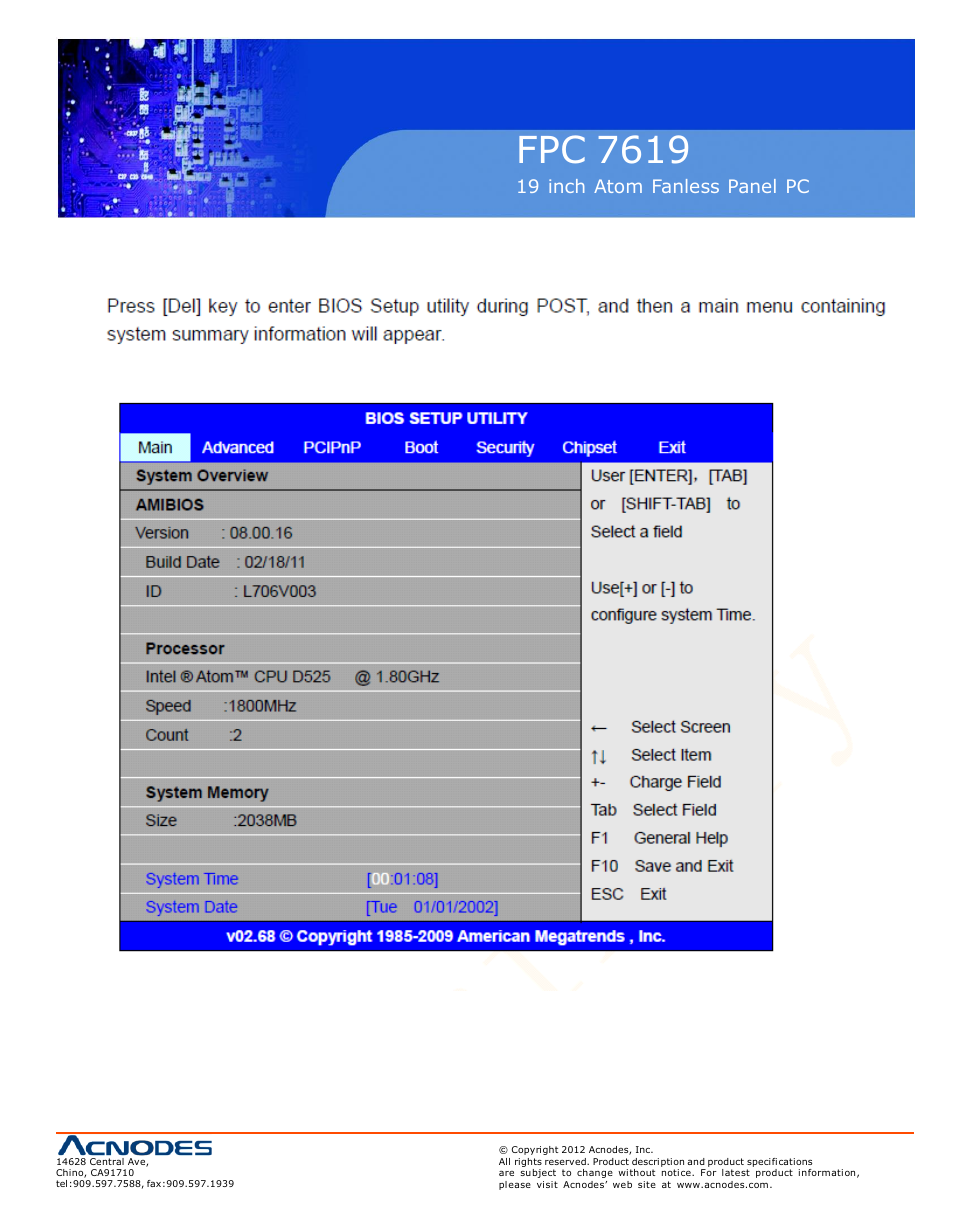 Fpc 7619, 2 bios setup utility | Acnodes FPC 7619 User Manual | Page 31 / 88