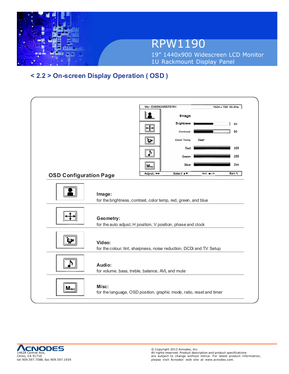 Rpw1190, 2 > on-screen display operation ( osd ), Osd configuration page | Acnodes RPW 1190 User Manual | Page 11 / 14