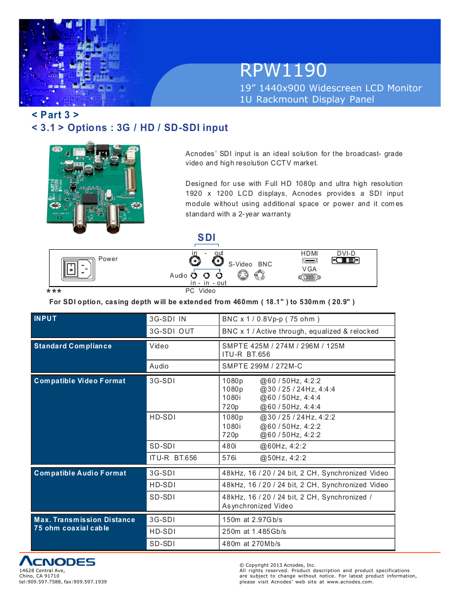 Rpw1190, Part 3 > < 3.1 > options : 3g / hd / sd-sdi input | Acnodes RPW 1190 User Manual | Page 12 / 14
