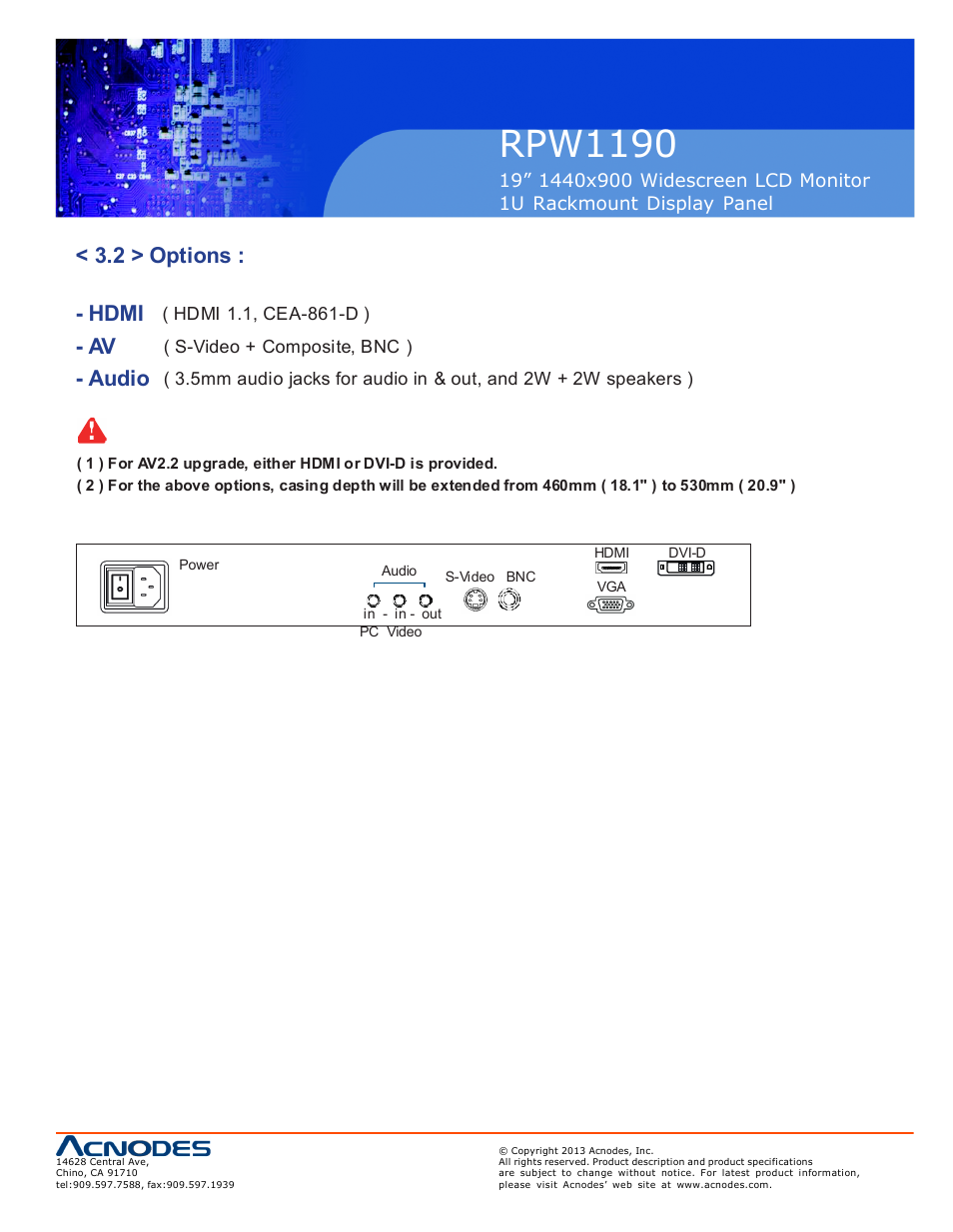 Rpw1190, 2 > options : - hdmi, Av - audio | Acnodes RPW 1190 User Manual | Page 13 / 14