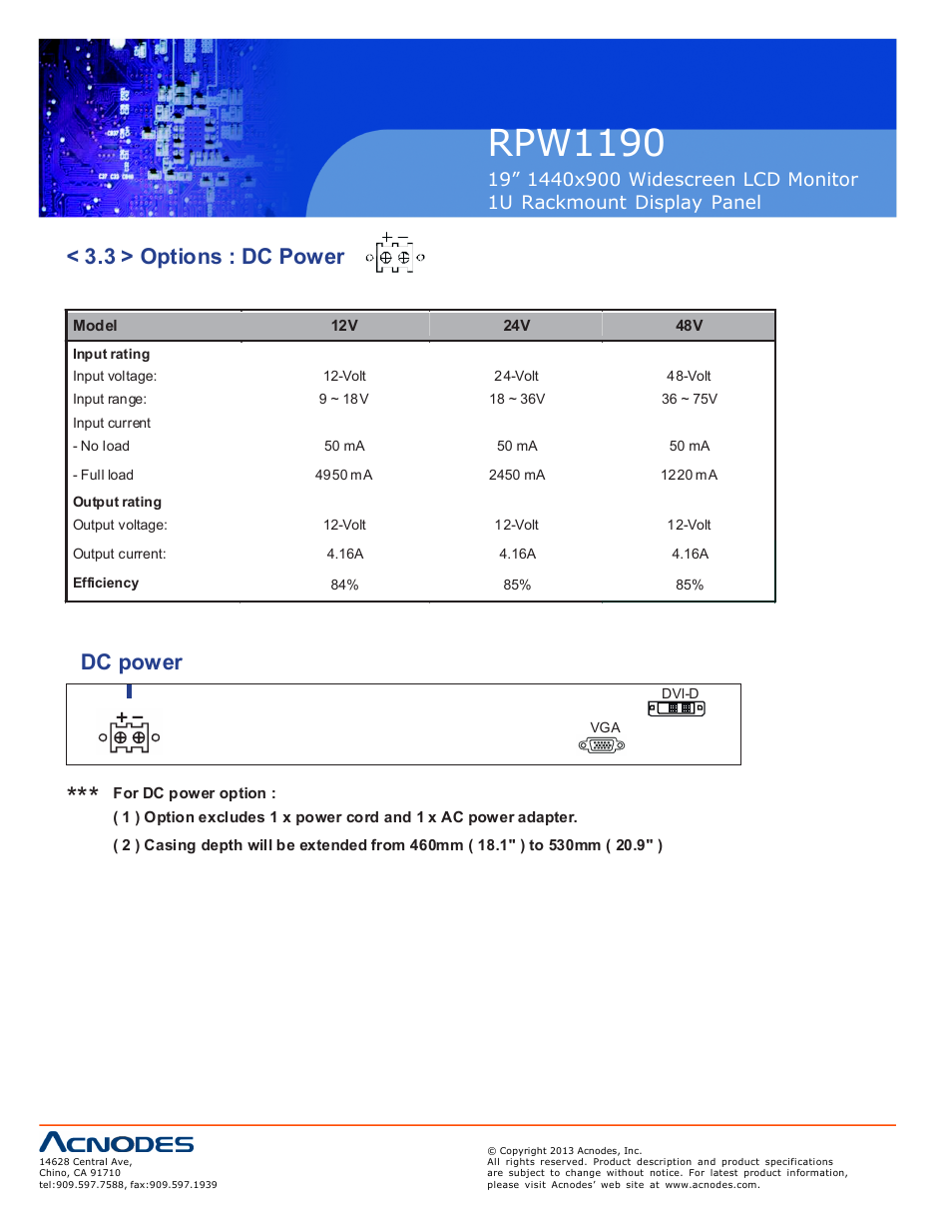 Rpw1190, 3 > options : dc power, Dc power | Acnodes RPW 1190 User Manual | Page 14 / 14