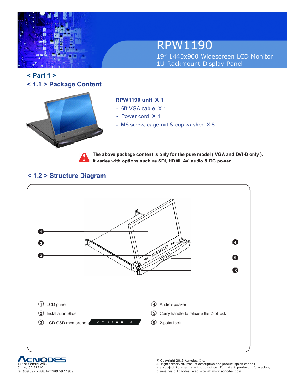 Rpw1190, Part 1 > < 1.1 > package content, 2 > structure diagram | Acnodes RPW 1190 User Manual | Page 5 / 14