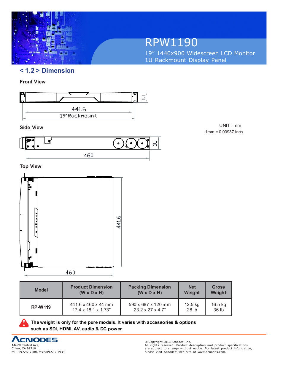 Rpw1190, 2 > dimension | Acnodes RPW 1190 User Manual | Page 6 / 14