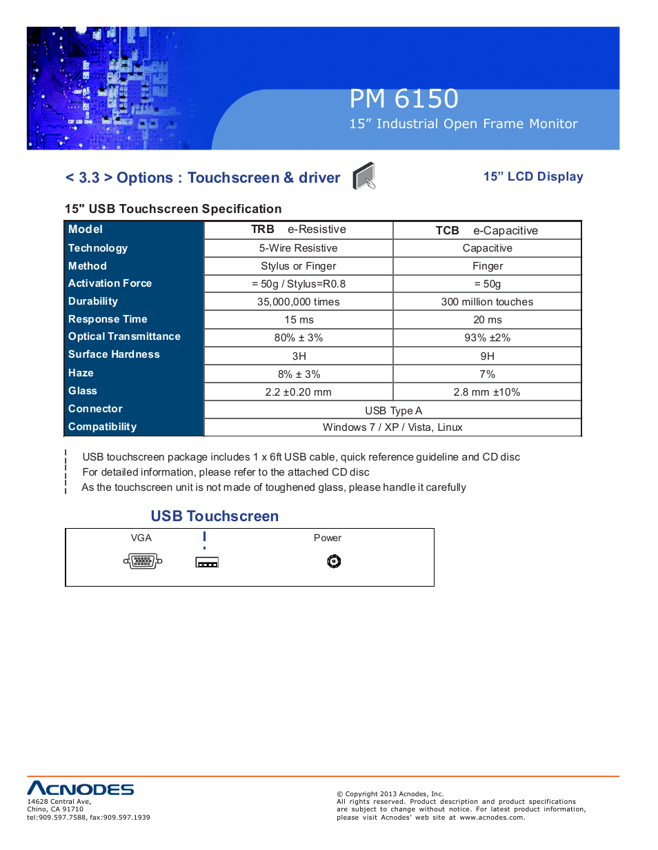Pm 6150, 3 > options : touchscreen & driver, Usb touchscreen | Acnodes PM 6150 User Manual | Page 14 / 18