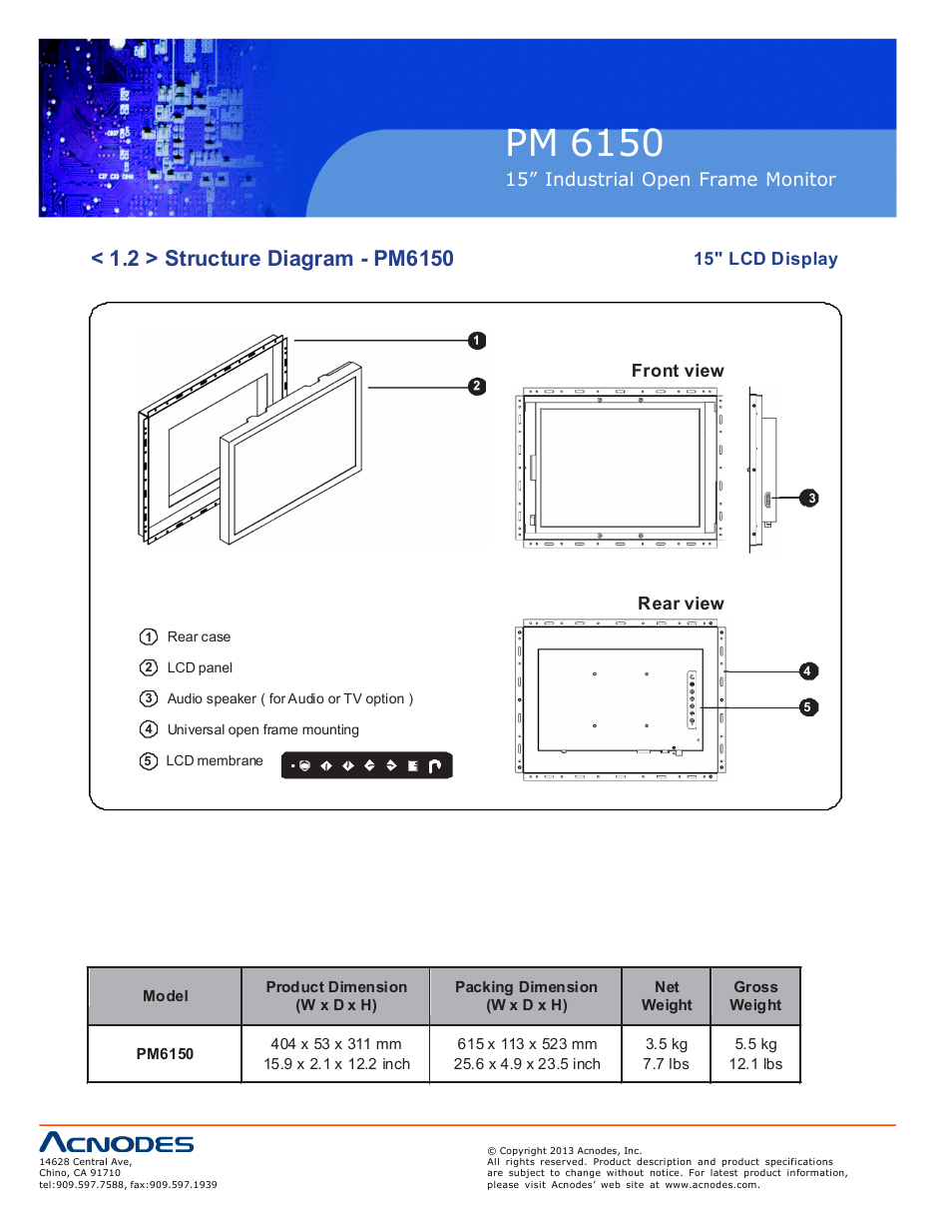 Pm 6150, Op-15, 15” industrial o pen frame monit or | 15" lcd displ ay, Fro nt view, Re ar view | Acnodes PM 6150 User Manual | Page 6 / 18