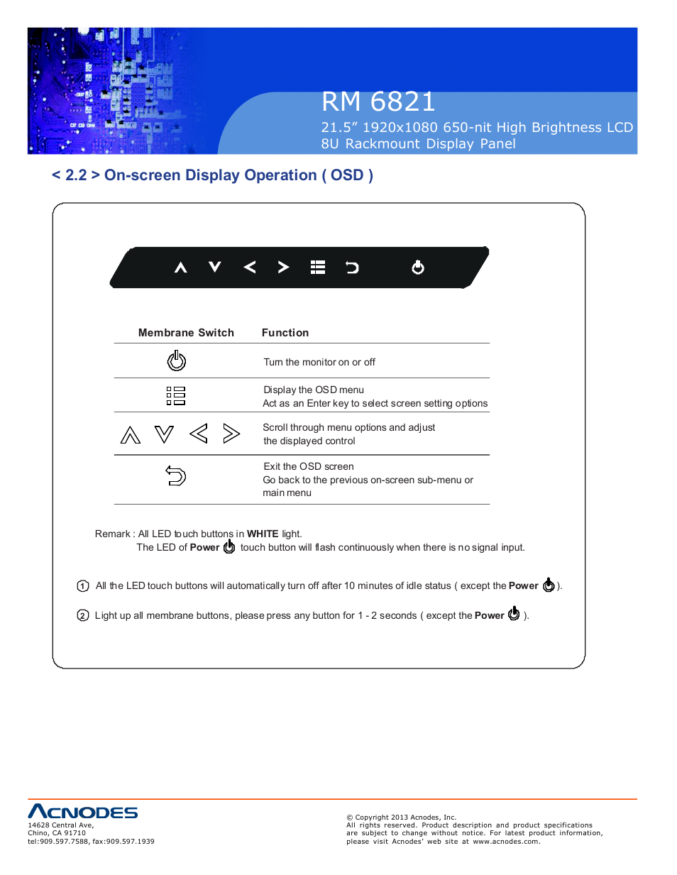 Rm 6821, 2 > on-screen display operation ( osd ) | Acnodes RM 6821 User Manual | Page 10 / 19