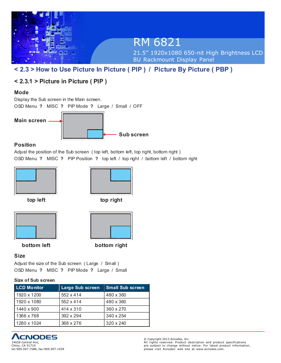 Rm 6821, 1 > picture in picture ( pip ) | Acnodes RM 6821 User Manual | Page 12 / 19