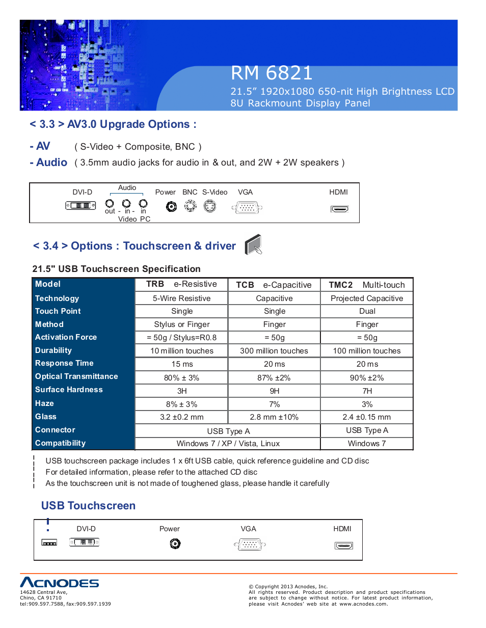 Rm 6821, 3 > av3.0 upgrade options : - av - audio, 4 > options : touchscreen & driver | Usb touchscreen | Acnodes RM 6821 User Manual | Page 16 / 19