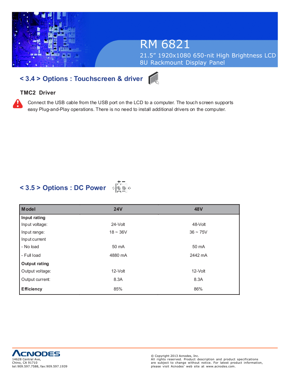 Rm 6821, 4 > options : touchscreen & driver, 5 > options : dc power | Tmc2 driver | Acnodes RM 6821 User Manual | Page 18 / 19