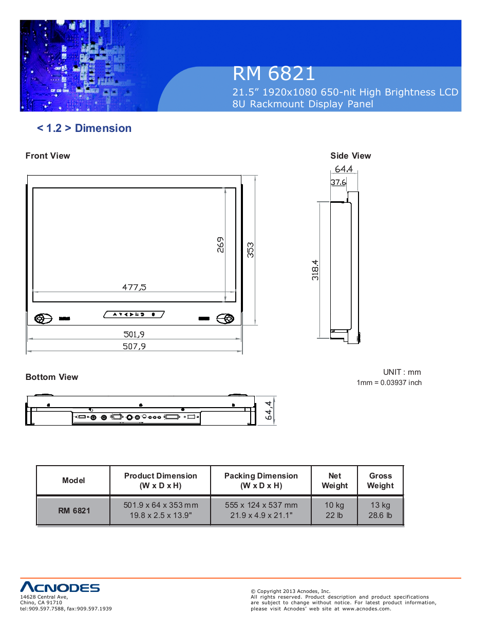 Rm 6821, 2 > dimension | Acnodes RM 6821 User Manual | Page 6 / 19