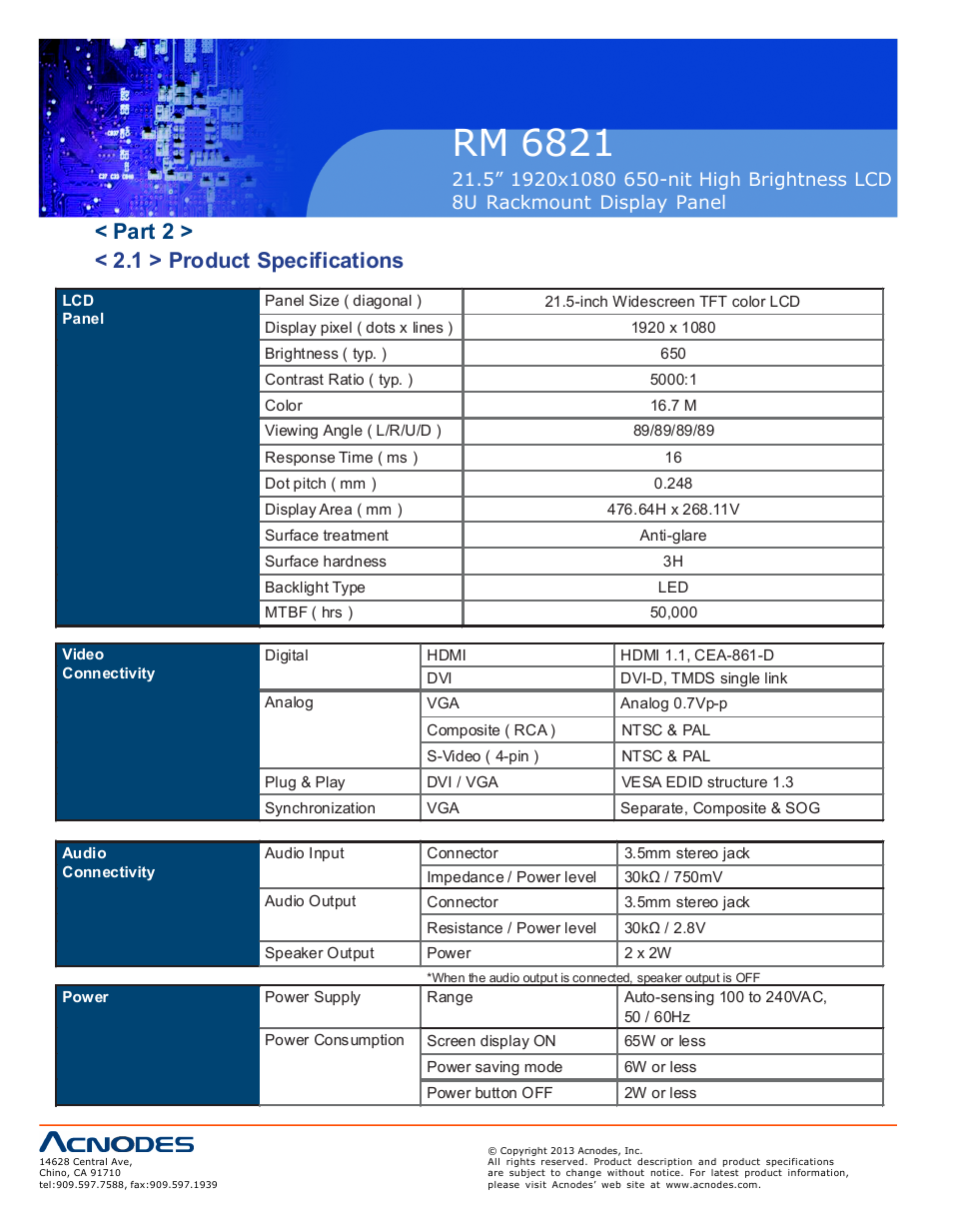 Rm 6821, Part 2 > < 2.1 > product specifications | Acnodes RM 6821 User Manual | Page 8 / 19