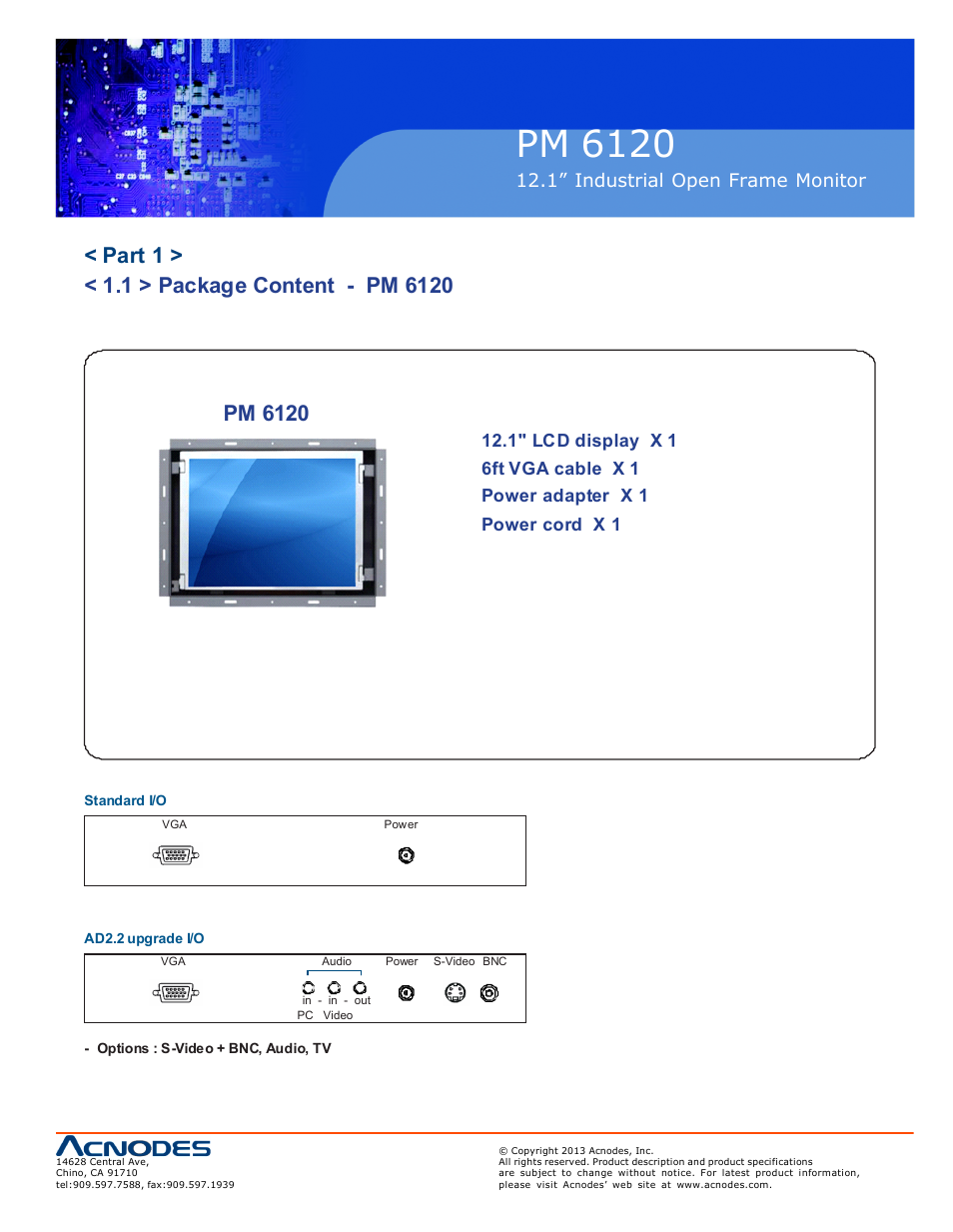 Pm 6120, 1” industrial open frame moni tor | Acnodes PM 6120 User Manual | Page 5 / 18