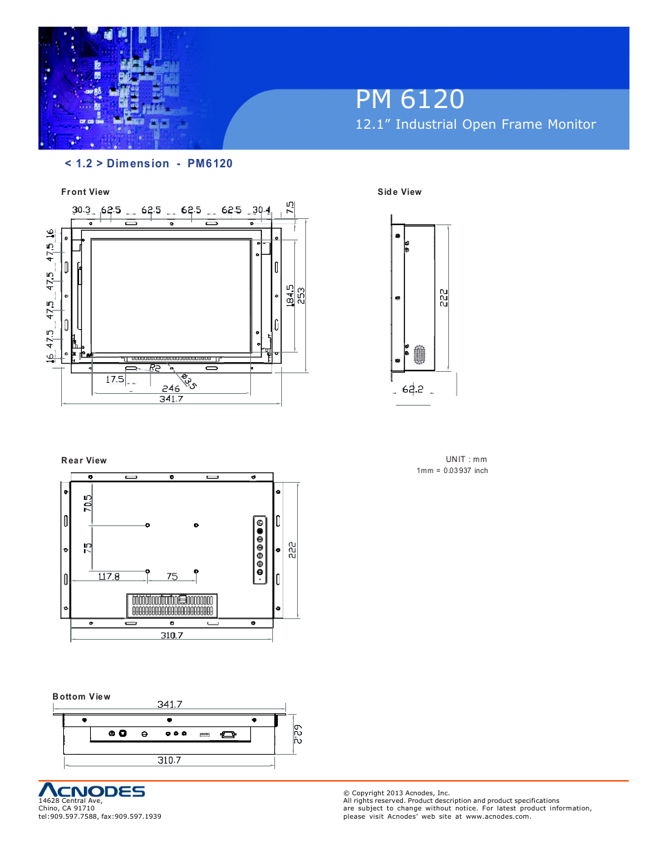 Pm 6120, Op-12, 1” industrial open frame moni tor | Acnodes PM 6120 User Manual | Page 7 / 18