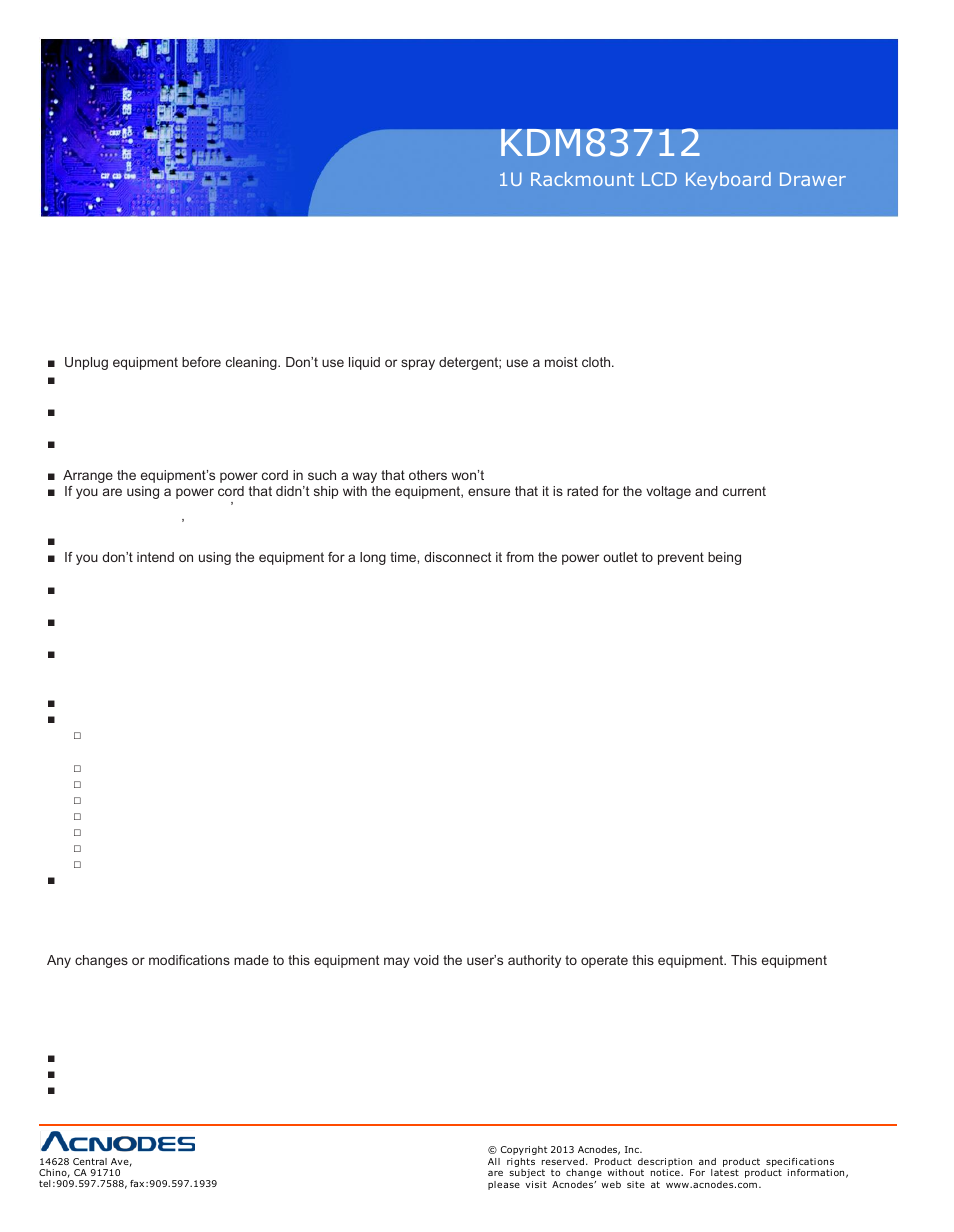 1u rackmount lcd keyboard drawer | Acnodes KDM 83712 User Manual | Page 2 / 22