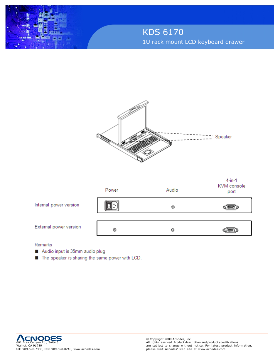 Kds 6170, Chapter 3, 1u rack mount lcd keyboard drawer 3.1 audio option | Acnodes KDS 6170 User Manual | Page 15 / 18