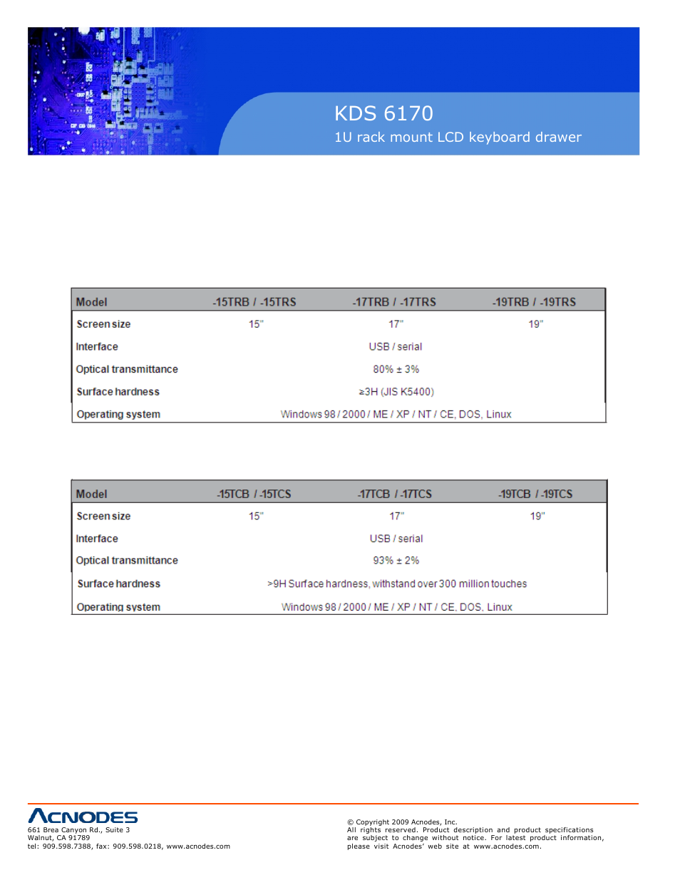 Kds 6170, 1u rack mount lcd keyboard drawer, 6 touch screen options e-resistive e-captive 16 | Acnodes KDS 6170 User Manual | Page 18 / 18