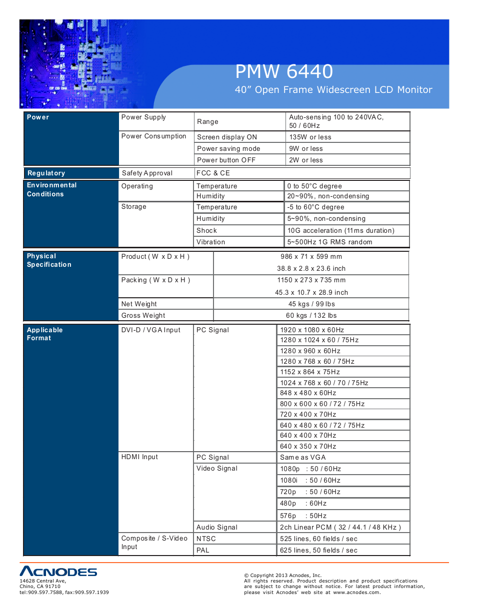 Pmw 6440, 40” open frame widescreen lcd monitor | Acnodes PMW 6440 User Manual | Page 10 / 18