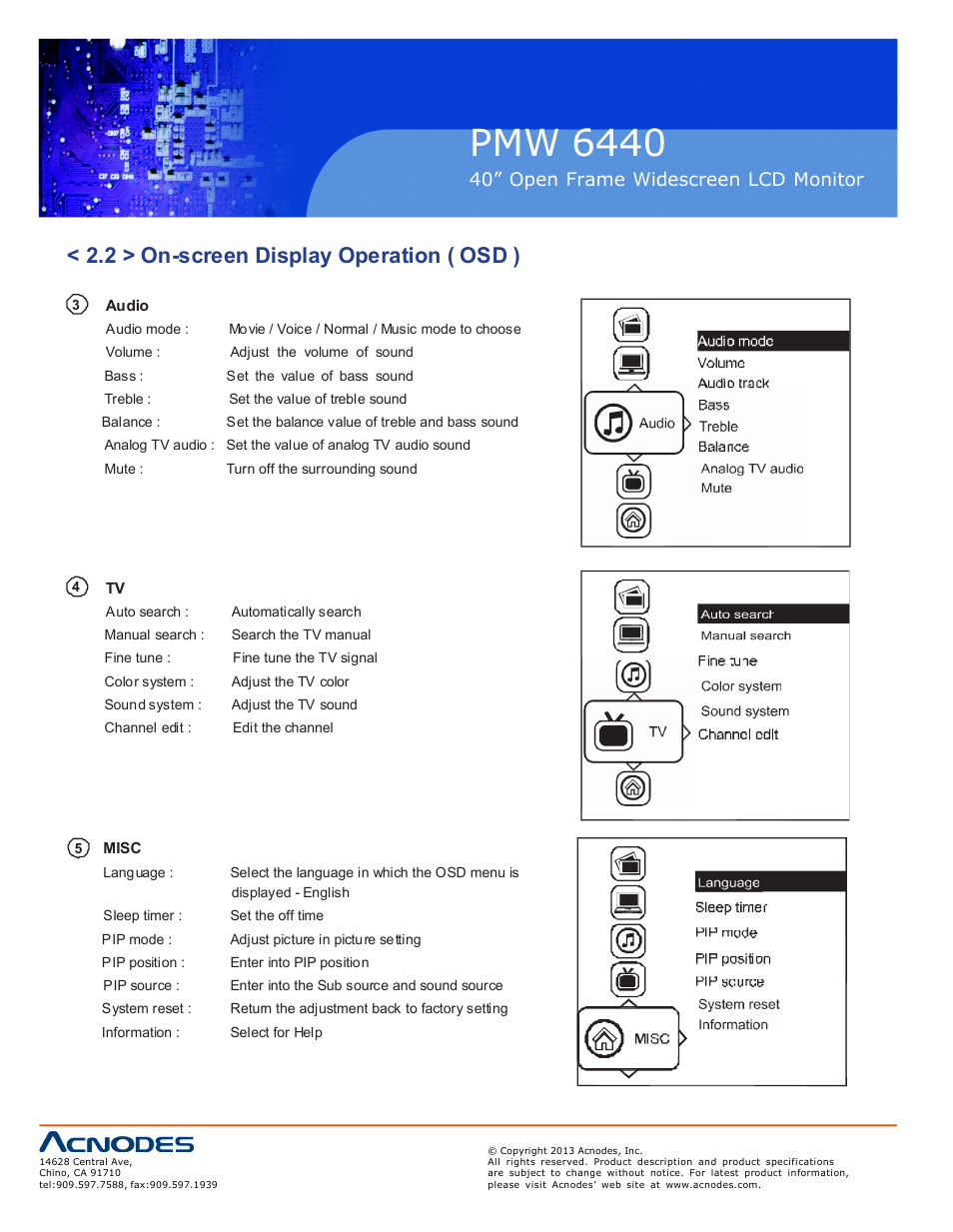 Pmw 6440, 2 > on-screen display operation ( osd ), 40” open frame widescreen lcd monitor | Acnodes PMW 6440 User Manual | Page 12 / 18