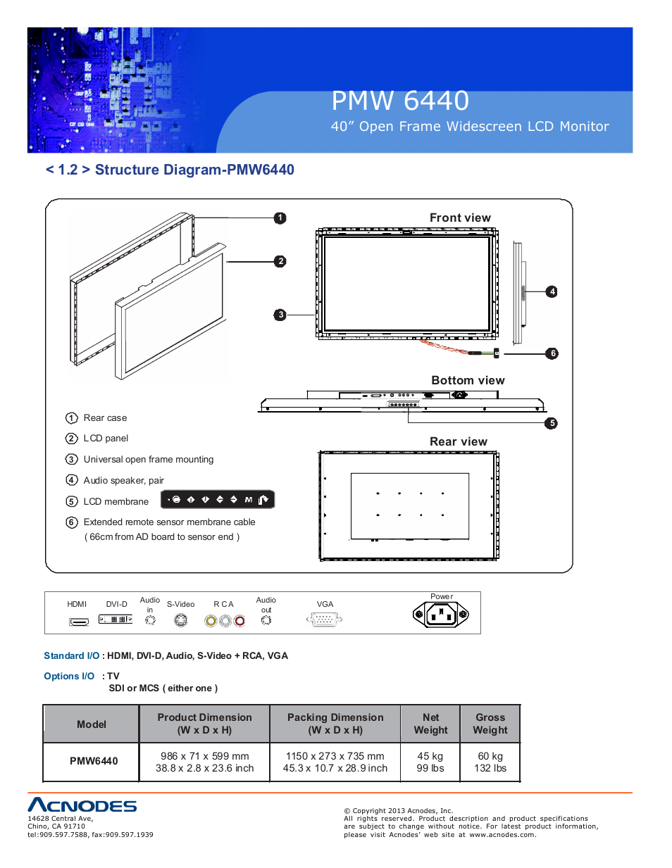 Pmw 6440, Op-w40, 40” open frame widescreen lcd monitor | Front view, Bottom view, Rear view | Acnodes PMW 6440 User Manual | Page 6 / 18