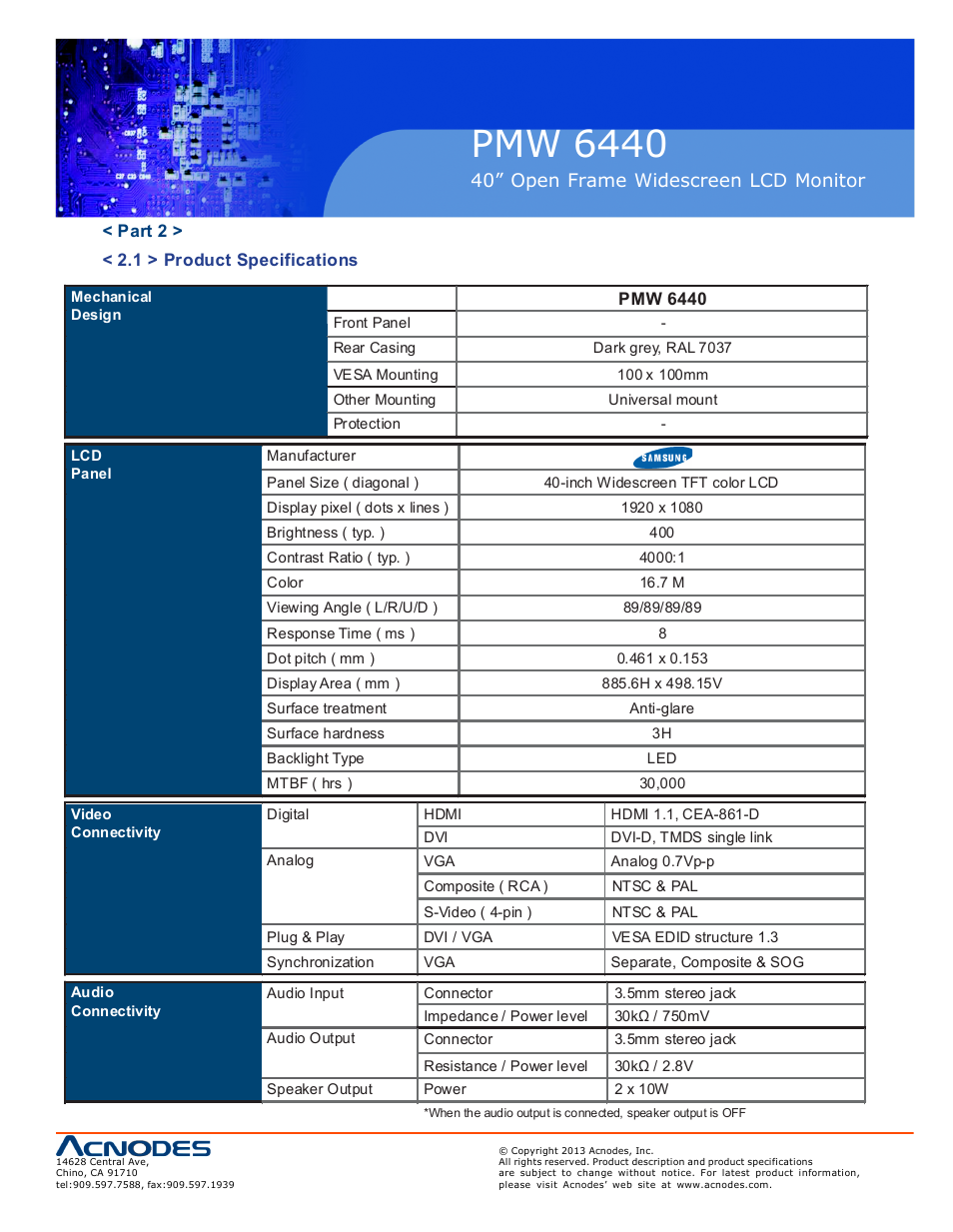 Pmw 6440, 40” open frame widescreen lcd monitor | Acnodes PMW 6440 User Manual | Page 9 / 18