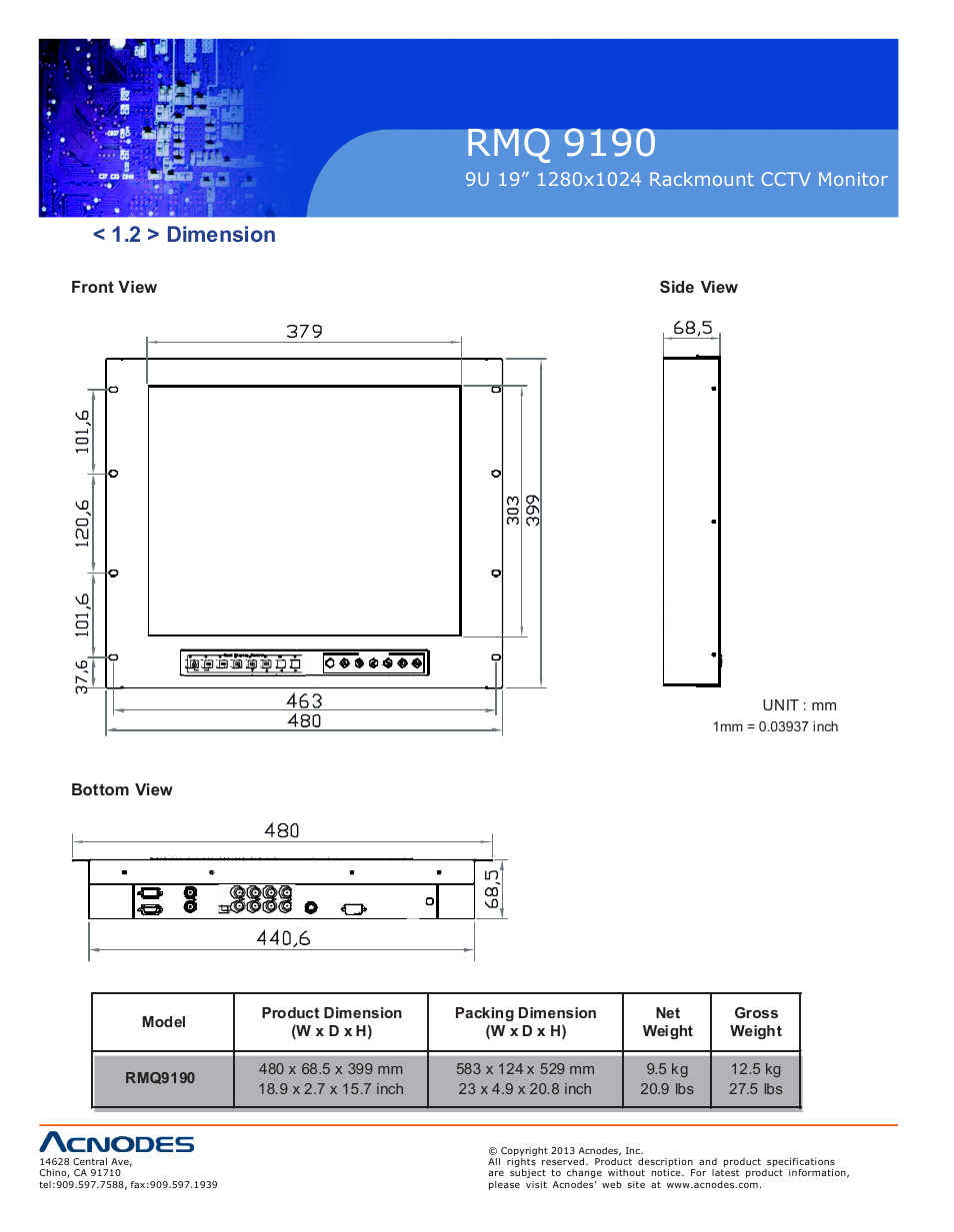 Rmq 9190, 2 > dimension | Acnodes RMQ 9190 User Manual | Page 6 / 24