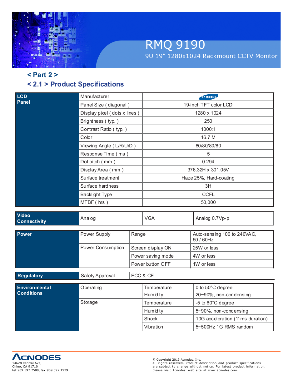 Rmq 9190, Part 2 > < 2.1 > product specifications | Acnodes RMQ 9190 User Manual | Page 8 / 24