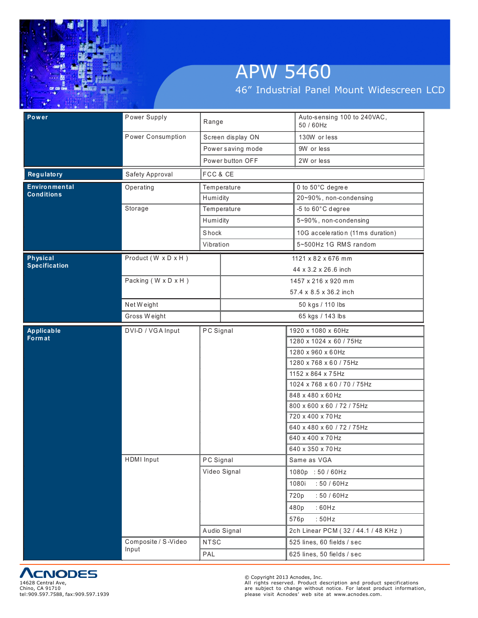 Apw 5460, 46” industrial panel mount widescreen lcd | Acnodes APW 5460 User Manual | Page 10 / 18