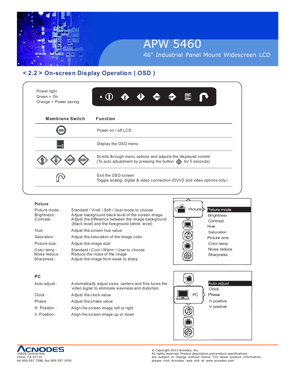 Apw 5460, 2 > on-screen display operation ( osd ), 46” industrial panel mount widescreen lcd | Acnodes APW 5460 User Manual | Page 11 / 18
