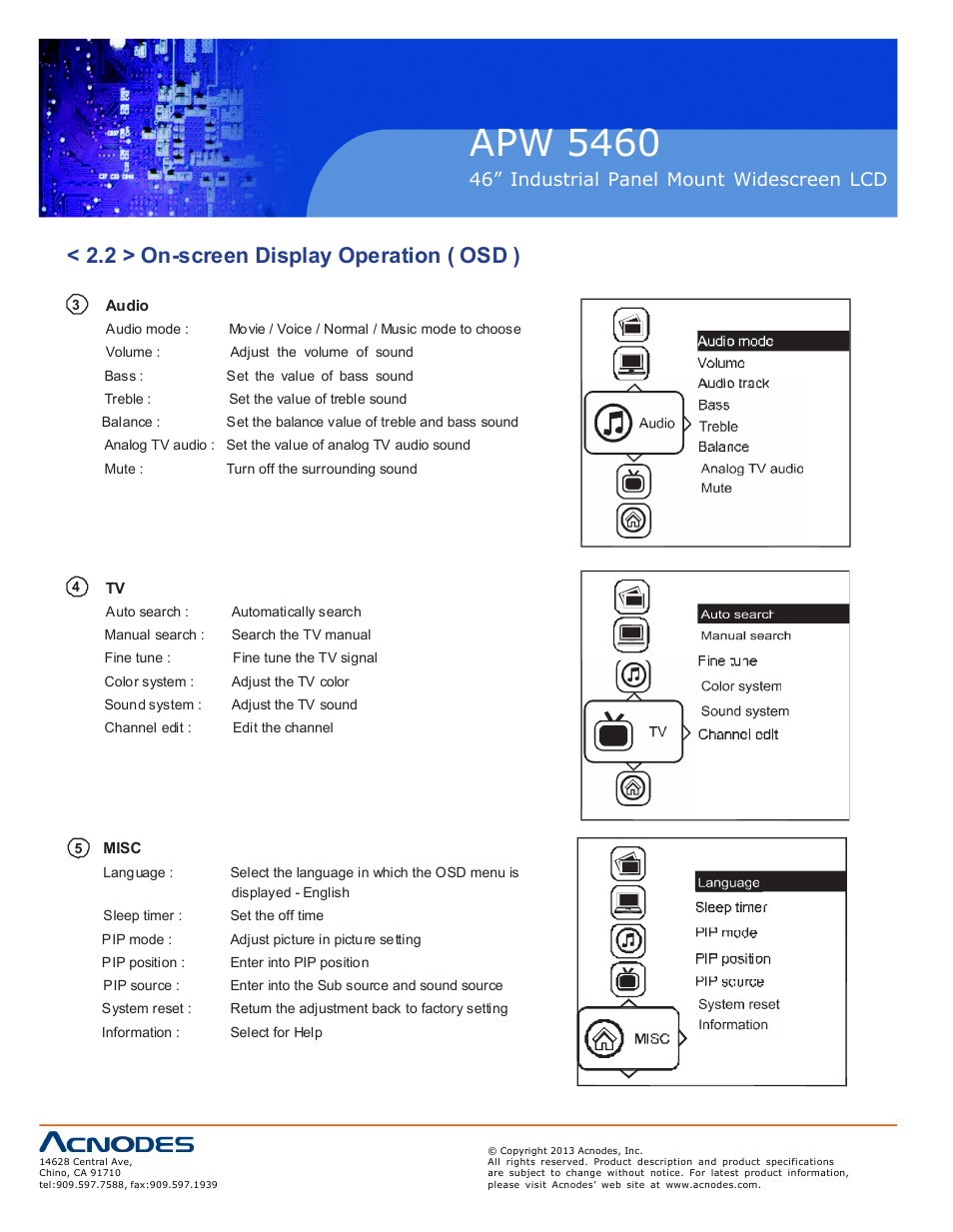 Apw 5460, 2 > on-screen display operation ( osd ), 46” industrial panel mount widescreen lcd | Acnodes APW 5460 User Manual | Page 12 / 18