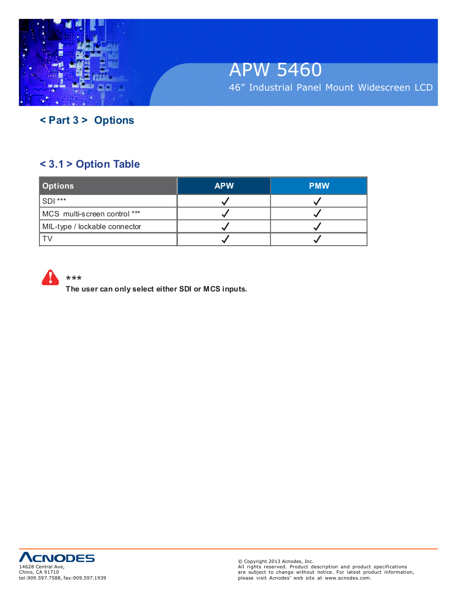 Apw 5460, Part 3 > options < 3.1 > option table | Acnodes APW 5460 User Manual | Page 14 / 18
