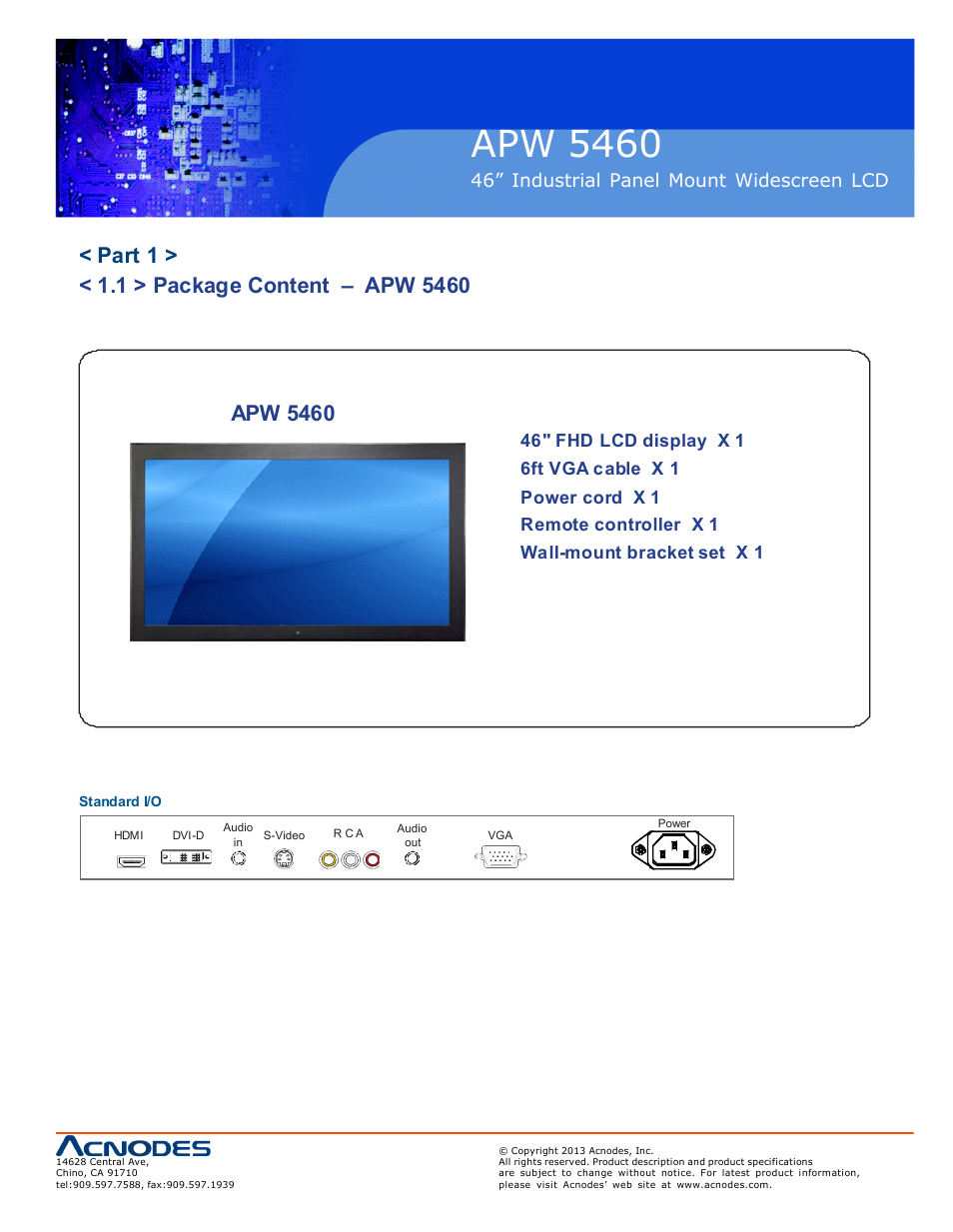 Apw 5460, 46” industrial panel mount widescreen lcd | Acnodes APW 5460 User Manual | Page 5 / 18